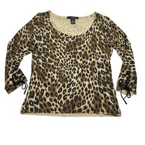 • Silx Leopard Scoop Neck Knit Blouse Tie Up Sleeves H0